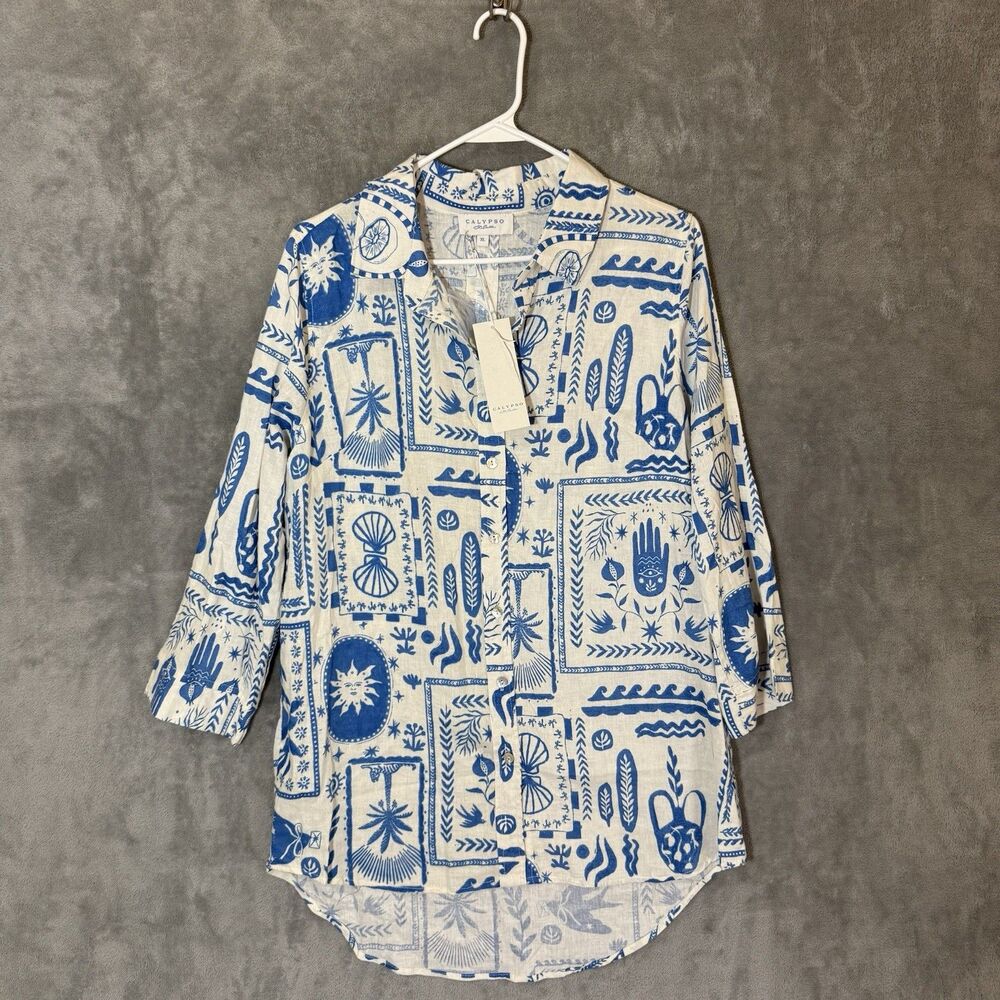 NWT Calypso St Barth Blue White Linen Blend Print Top XL Button Up Resort Tunic